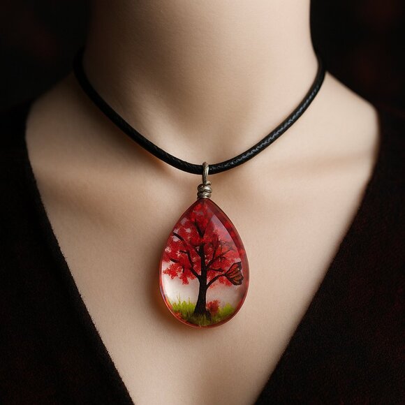 Teardrop Pendant Necklace – Red Blossom Floral Resin Jewelry on a Black Cord - Picture 1 of 8